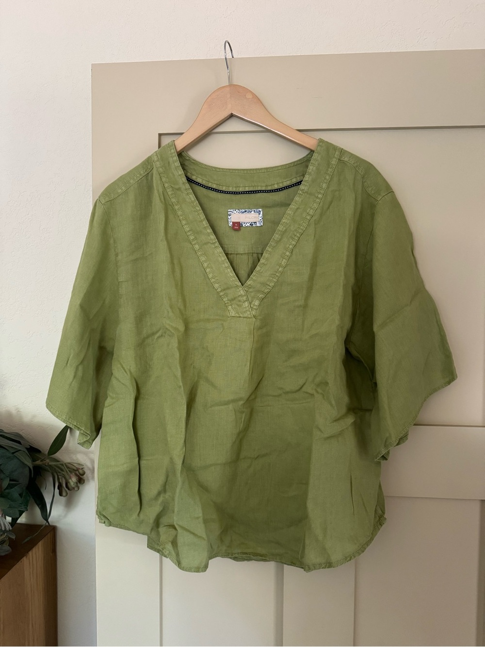 Pilcro Olive Green V-Neck Linen Blend Top